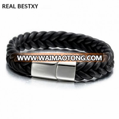 REAL BESTXY custom logo Fashion New Brand BraidED Leather Bracelet Men Stainless Steel Bangles  Skin Magnetic Clasp Best Gift