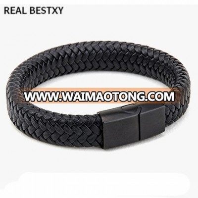 REAL BESTXY custom logo 2019 Men Jewelry Punk Black Braided Leather Bracelet Stainless Steel Magnetic Buckle Fashion bracelets