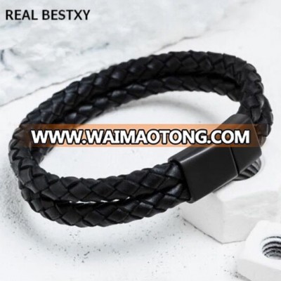 REAL BESTXY custom logo 316L Stainless Steel Fashion Charms Bangles Men Bracelets Bangle Genuine Leather with Magnet Clasp