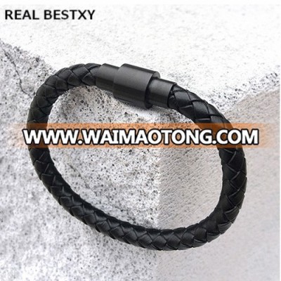 REAL BESTXY custom logo Personalised Leather Message Bracelet with Black Tone Steel Clasp Wristband Men Jewelry Pulseira Braslet