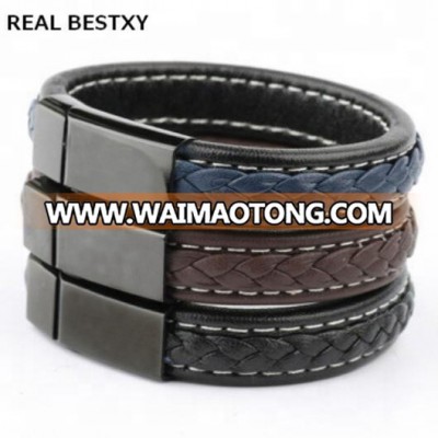 REAL BESTXY custom logo 2019 Men Jewelry Punk Black Braided Leather Bracelet Stainless Steel Magnetic Buckle Fashion bracelets