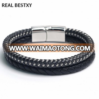 REAL BESTXY engrave logo  custom logo Wholesale quality Braided Mens Leather Bracelets For Men two layers leather bracelets sale