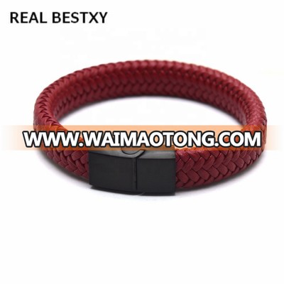 REAL BESTXY custom logo Men's Stainless Steel Leather Bracelet Braided Wrist Mesh Buckle red braided leather bracelet wrist man